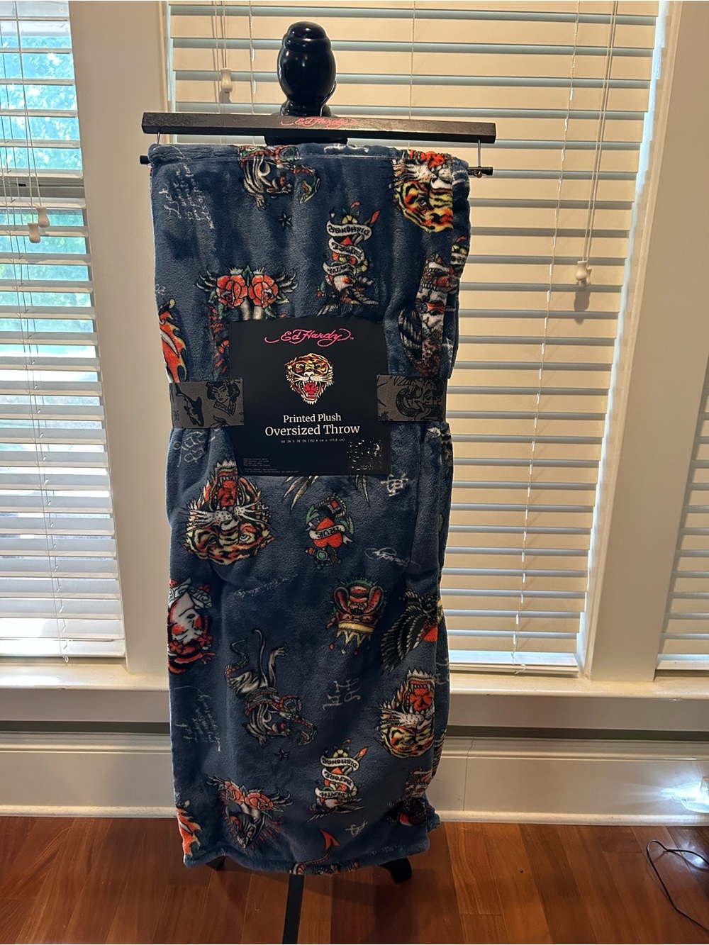Ed Hardy Navy Plush Oversized Throw 
featuring iconic tattoo-inspired graphics